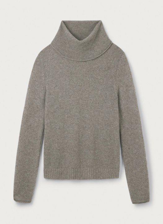 the turtle neck sweater is grey and has a turtle neck