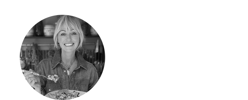 a woman holding a plate of food in a circular frame