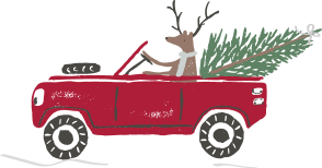 a cartoon deer driving a red truck with a christmas tree in the back