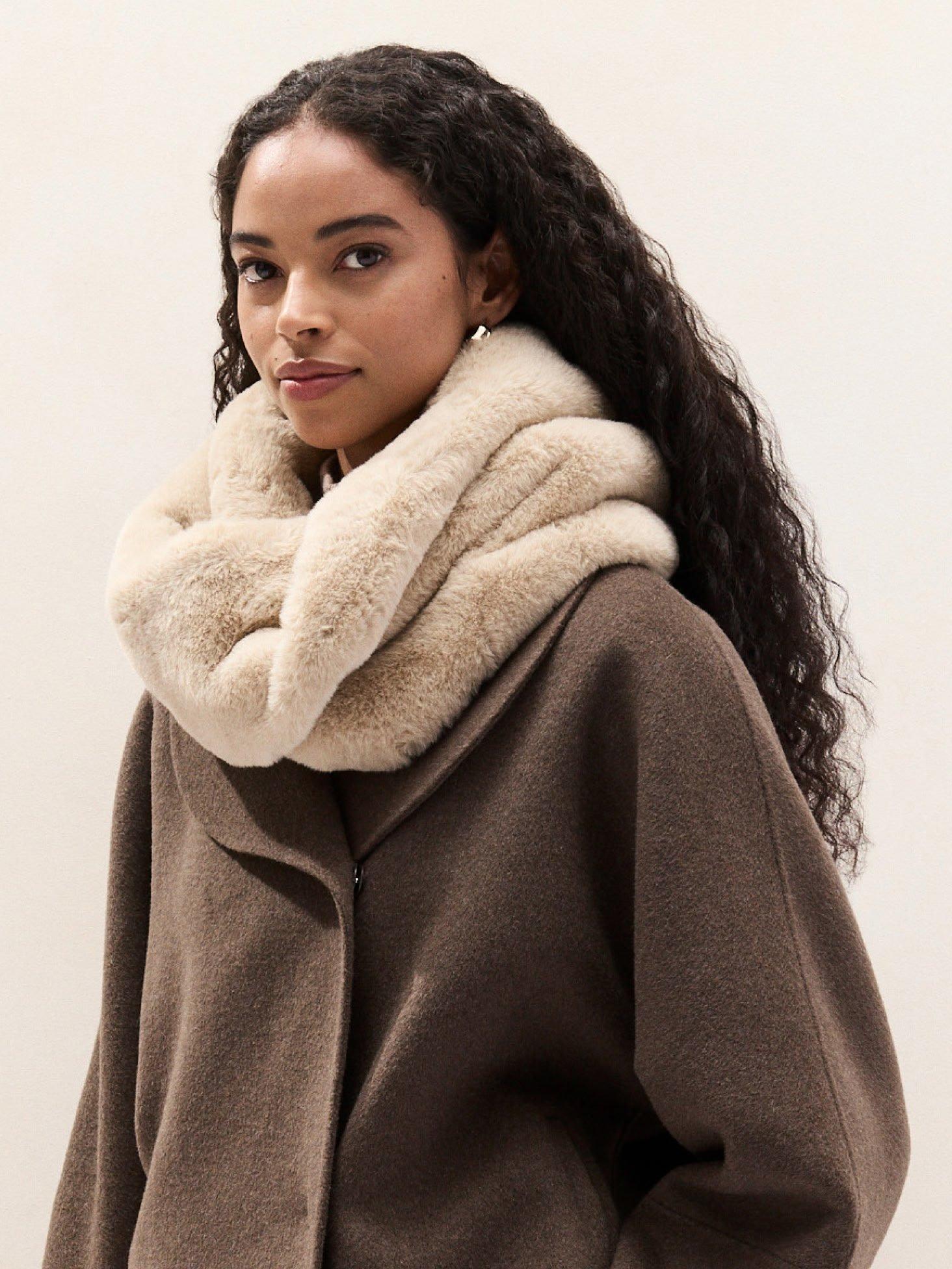 a woman wearing a brown coat and a fur scarf
