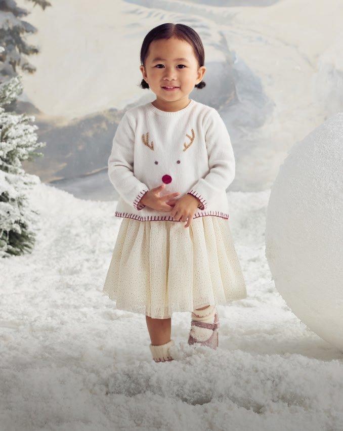 a little girl in a white dress standing in the snow