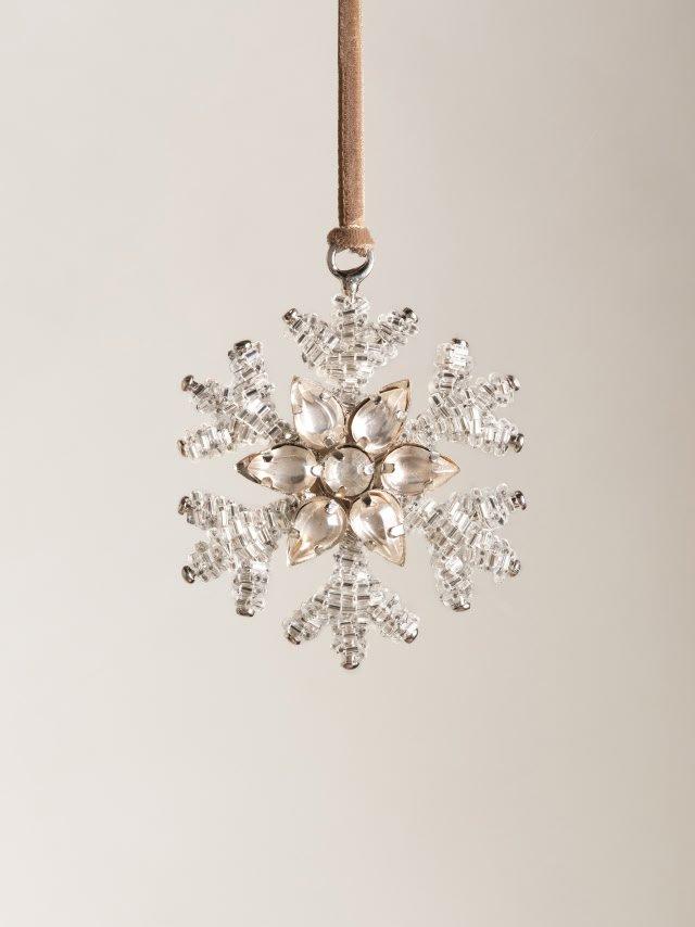 a clear glass snowflake ornament hanging from a string