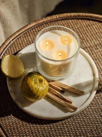 a candle on a plate with a lemon and a stick