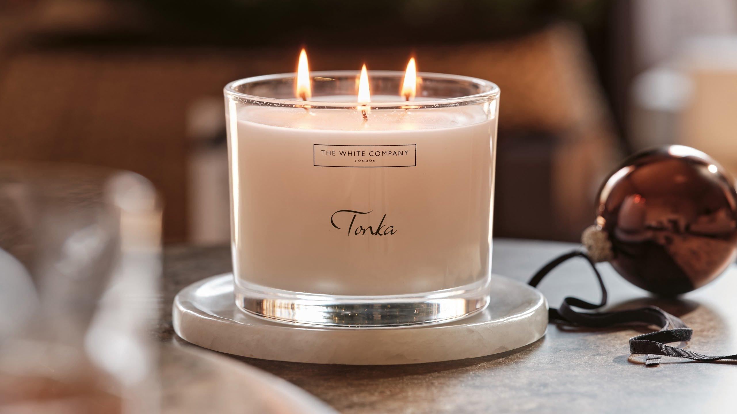 a counter with a large tonka candle